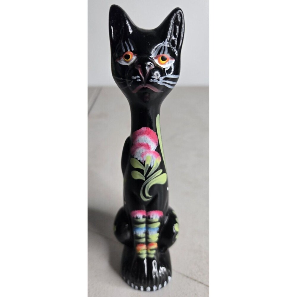 Hand Painted Kitty Kat - Ceramic - 6.5" tall - Black w/ floral notes